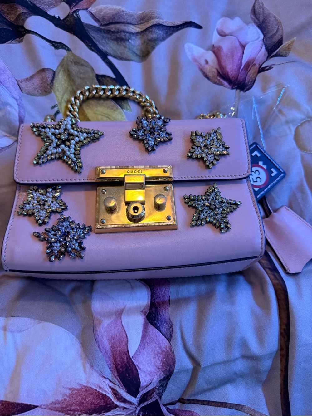 Authentic Gucci Pink Padlock Crystal Star Embellished Leather Shoulder Bag